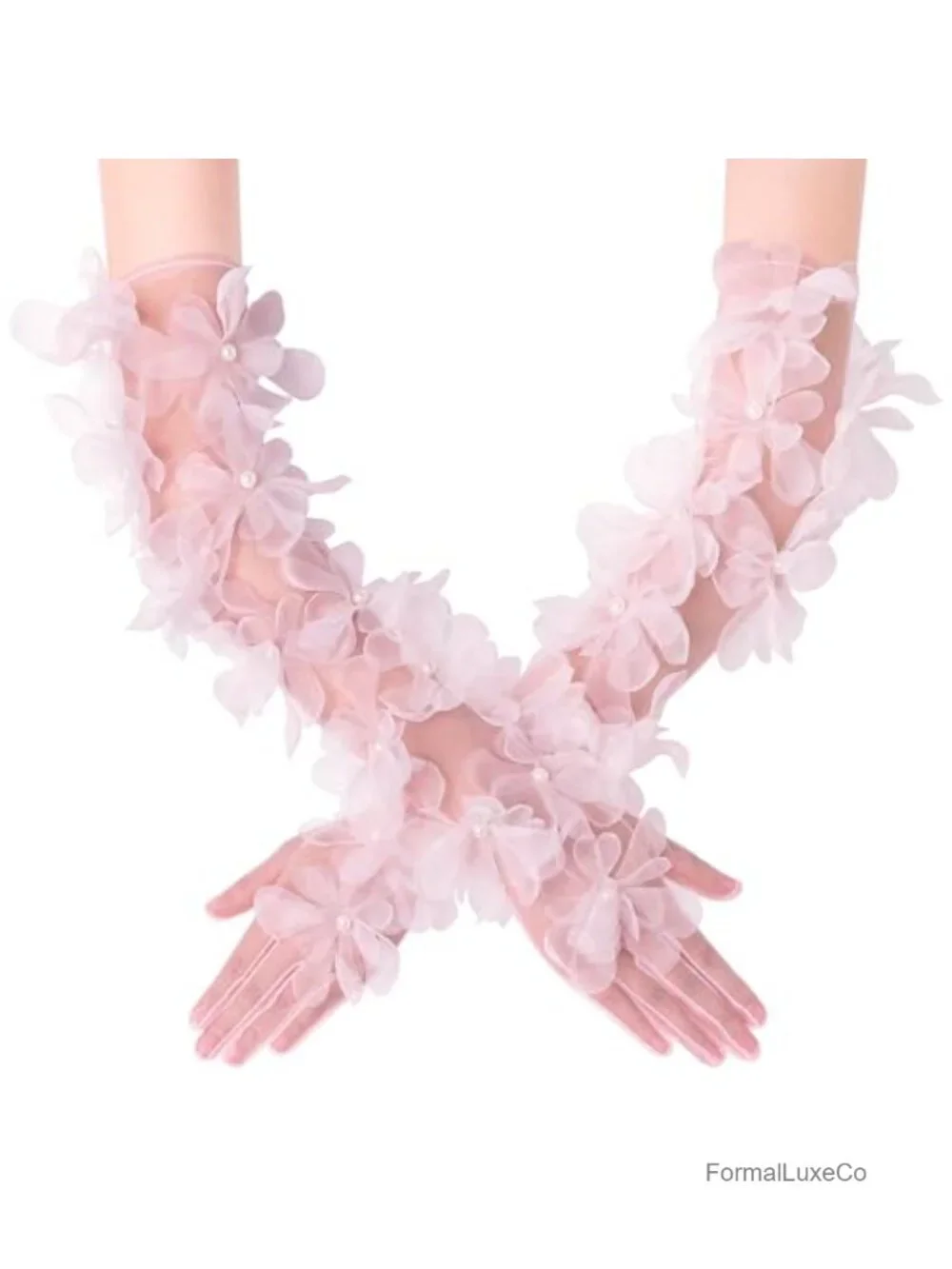 Long Tulle Sheer Gloves with Pearls Floral Lace Sleeves for Wedding Bridal